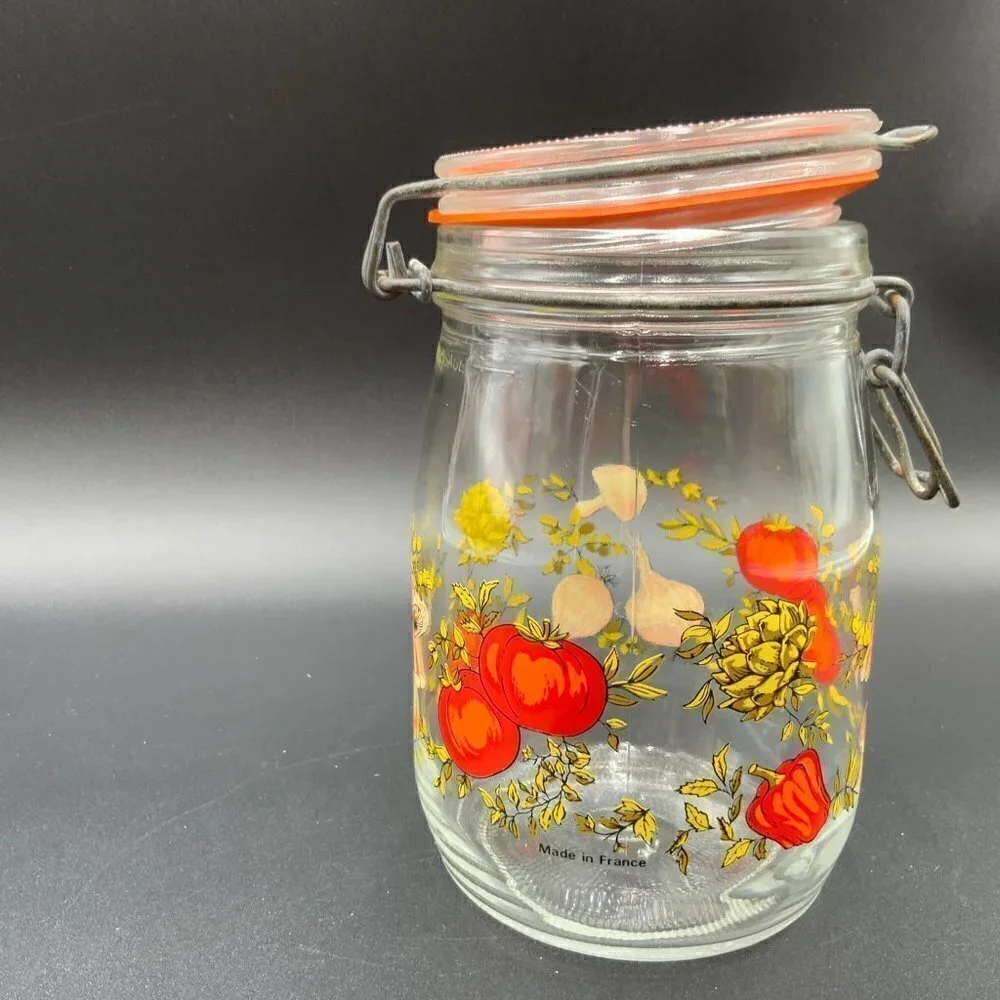 Vintage Glass Jar Canister Storage Vegetables Peppers Mushrooms Arc France 1.5L